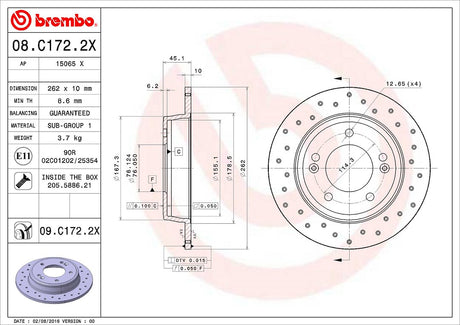 Product of Brembo 08C1722XC02 Xtra Solid Cross Drilled 1 Piece Brake Rotor 