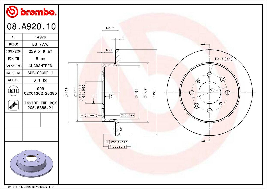 Product of Brembo 08A92010C02 Solid 1 Piece Brake Rotor 