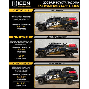 Icon Vehicle Dynamics 158505 Leaf Spring||2005-Up-Toyota-Tacoma-Multi-Rate-Rxt-Leaf-Spring-Kit.Jpg||87||i43158505||880483