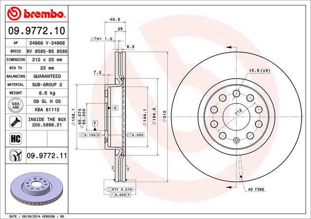 Product of Brembo 09977211C02 Vented 1 Piece Brake Rotor 