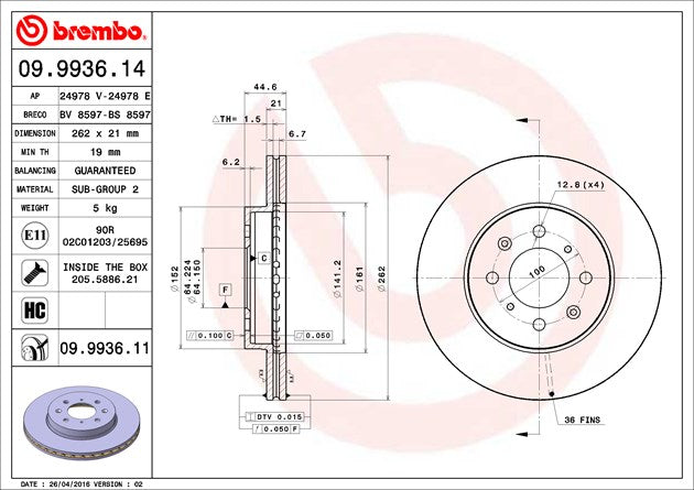 Product of Brembo 09993611C02 Vented 1 Piece Brake Rotor 