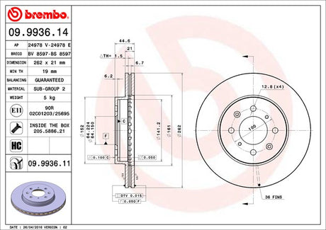 Product of Brembo 09993611C02 Vented 1 Piece Brake Rotor 