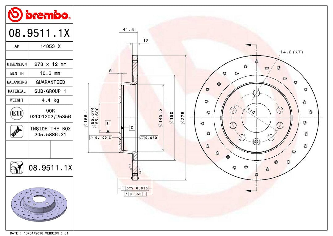 Product of Brembo 0895111XC02 Xtra Solid Cross Drilled 1 Piece Brake Rotor 