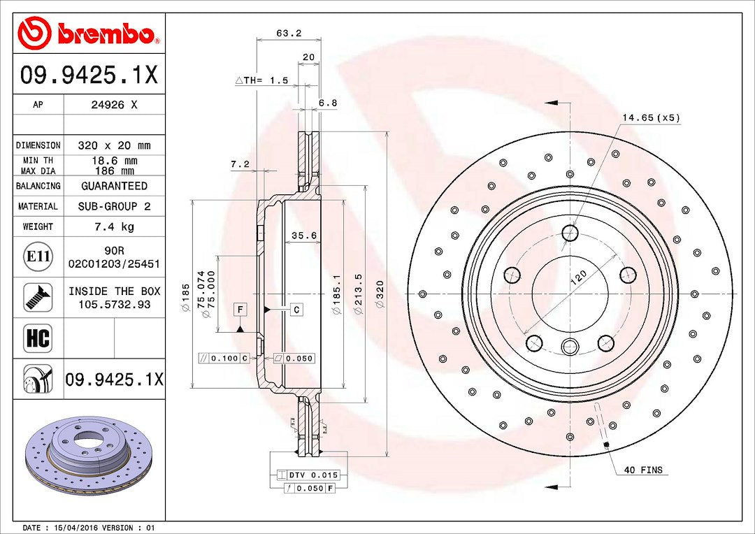 Product of Brembo 0994251XC02 Xtra Vented Cross Drilled 1 Piece Brake Rotor 