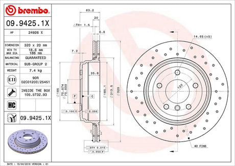 Product of Brembo 0994251XC02 Xtra Vented Cross Drilled 1 Piece Brake Rotor 