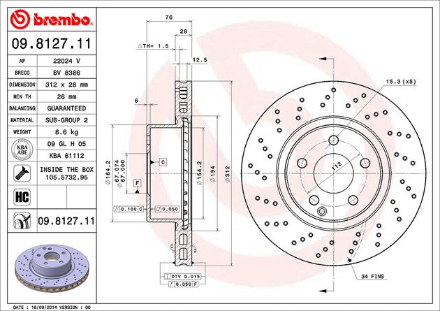 Product of Brembo 09812711C02 Vented Cross Drilled 1 Piece Brake Rotor 