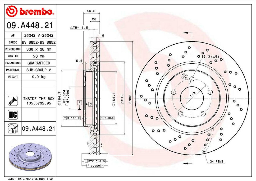 Product of Brembo 09A44821C02 Vented Cross Drilled 1 Piece Brake Rotor 