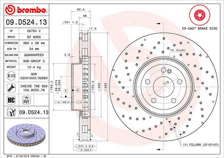 Product of Brembo 09D52413C02 Vented Cross Drilled 1 Piece Brake Rotor 