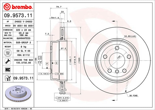 Product of Brembo 09957311C02 Vented 1 Piece Brake Rotor 