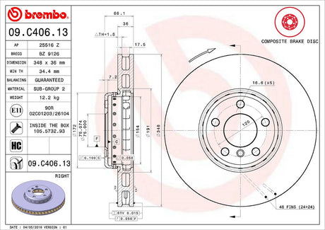 Product of Brembo 09C40613C02 Vented 1 Piece Brake Rotor 