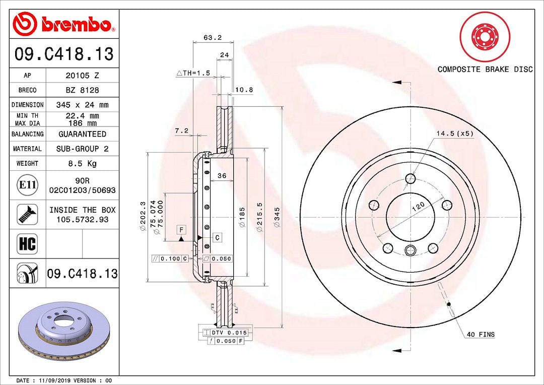 Product of Brembo 09C41813C02 Vented 1 Piece Brake Rotor 