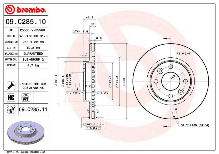 Product of Brembo 09C28511C02 Vented 1 Piece Brake Rotor 