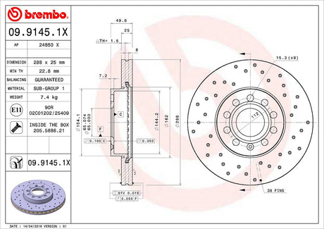 Product of Brembo 0991451XC02 Xtra Vented Cross Drilled 1 Piece Brake Rotor 