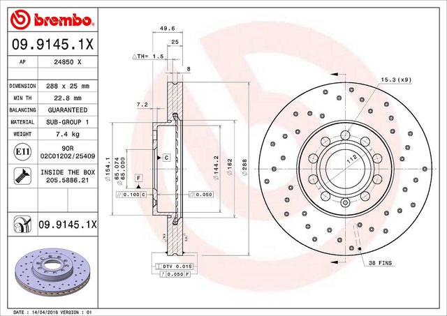 Product of Brembo 0991451XC02 Xtra Vented Cross Drilled 1 Piece Brake Rotor 
