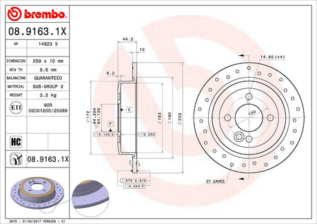 Product of Brembo 0891631XC02 Xtra Solid Cross Drilled 1 Piece Brake Rotor 