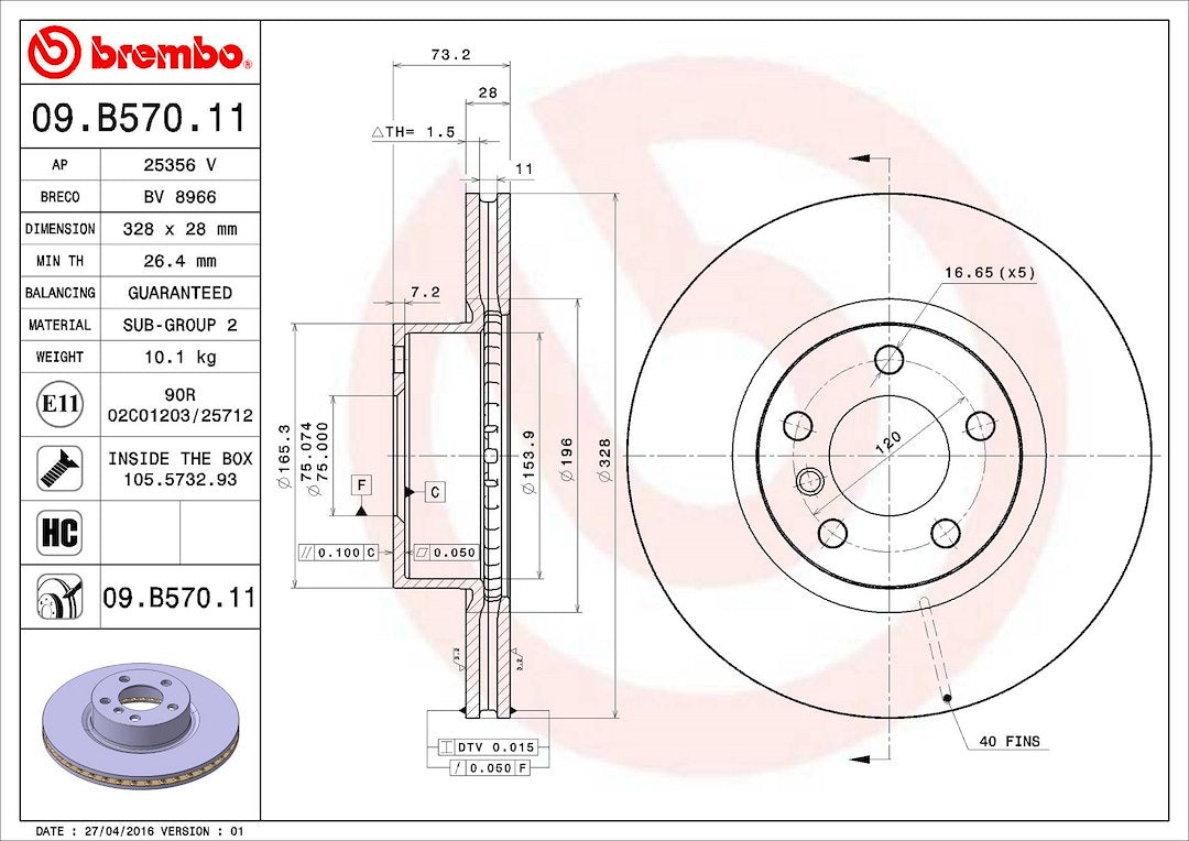 Product of Brembo 09B57011C02 Vented 1 Piece Brake Rotor 