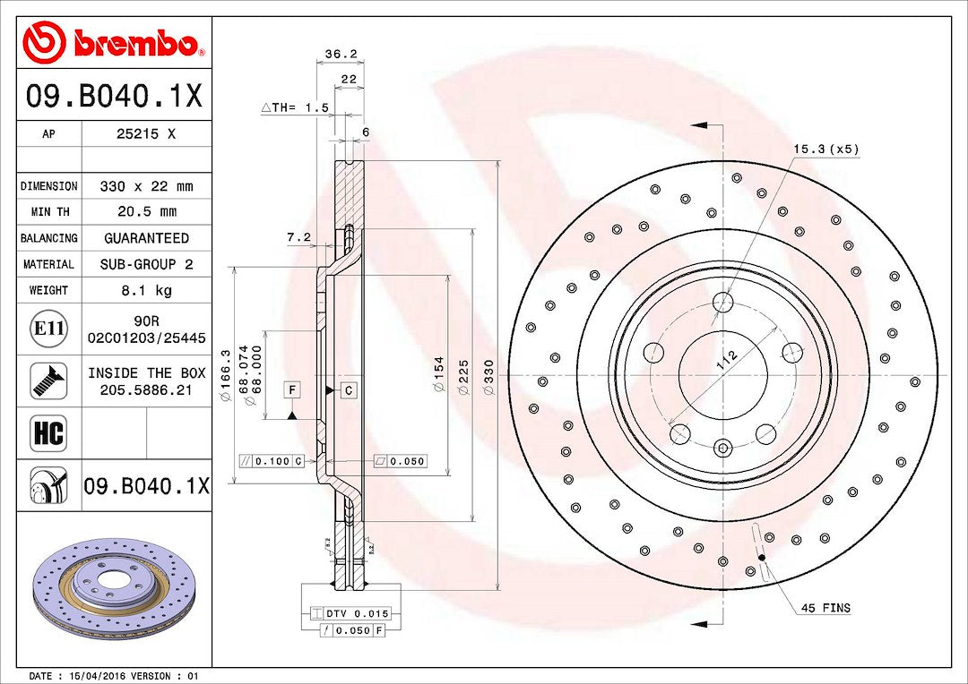 Product of Brembo 09B0401XC02 Xtra Vented Cross Drilled 1 Piece Brake Rotor 