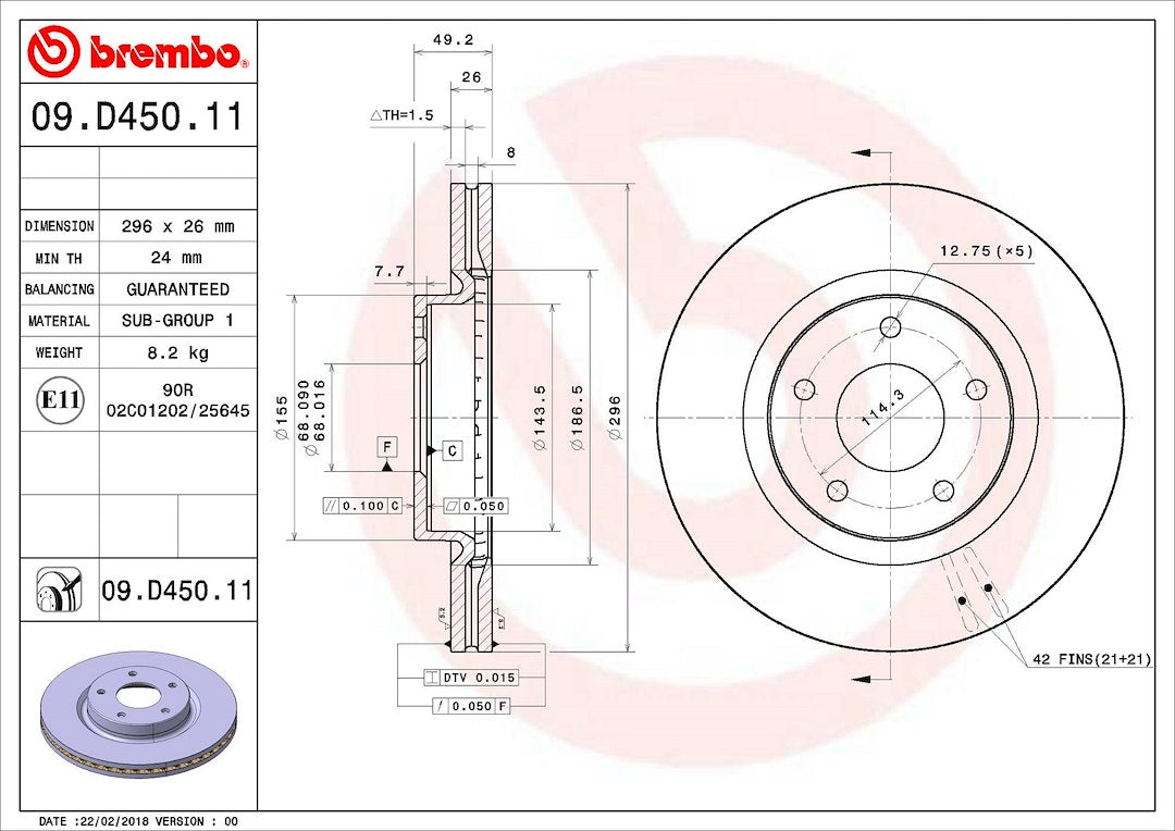 Product of Brembo 09D45011C02 Vented 1 Piece Brake Rotor 