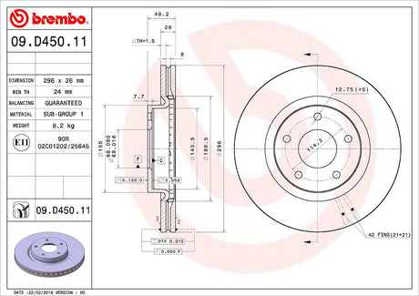 Product of Brembo 09D45011C02 Vented 1 Piece Brake Rotor 