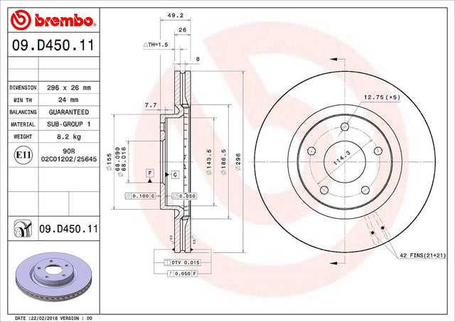 Product of Brembo 09D45011C02 Vented 1 Piece Brake Rotor 