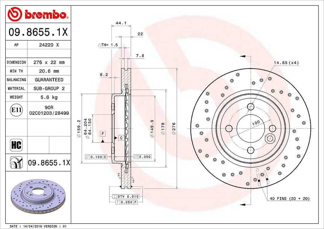 Product of Brembo 0986551XC02 Xtra Vented Cross Drilled 1 Piece Brake Rotor 