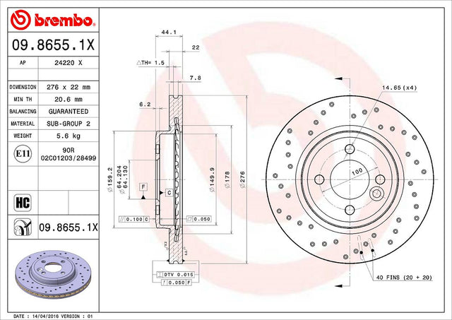 Product of Brembo 0986551XC02 Xtra Vented Cross Drilled 1 Piece Brake Rotor 