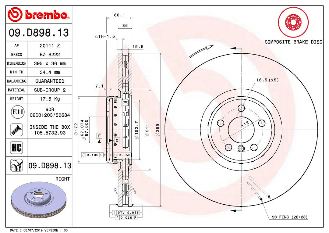 Product of Brembo 09D89813C02 Vented 1 Piece Brake Rotor 