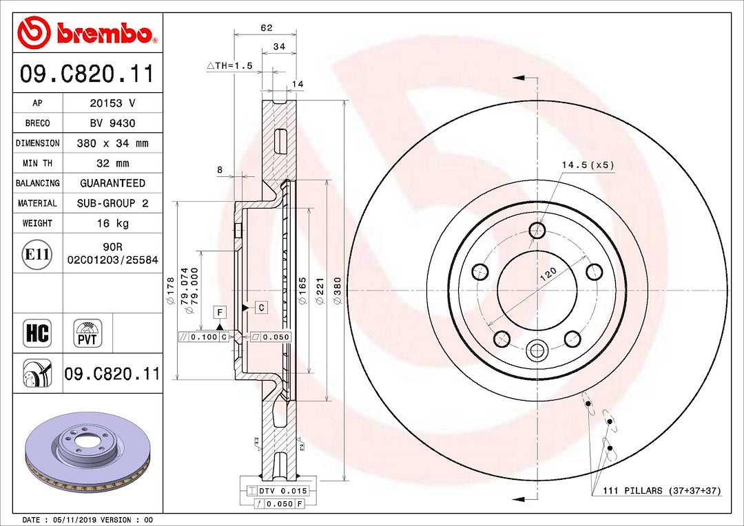 Product of Brembo 09C82011C02 Vented 1 Piece Brake Rotor 