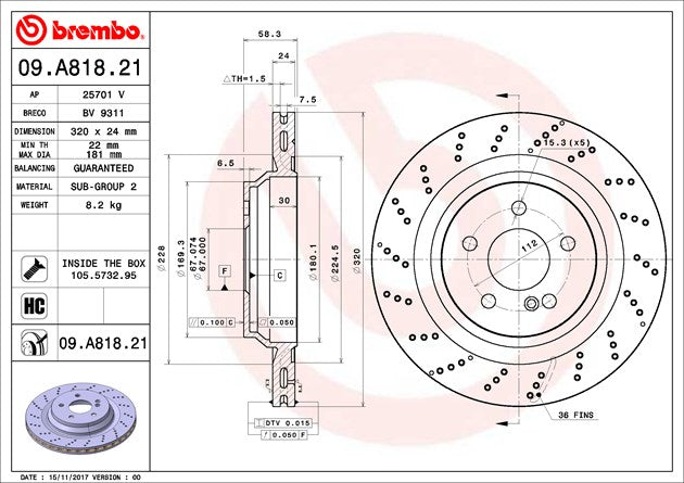 Product of Brembo 09A81821C02 Vented Cross Drilled 1 Piece Brake Rotor 