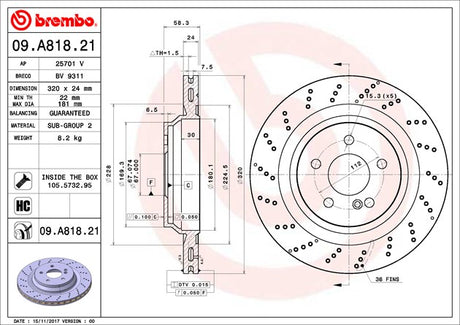 Product of Brembo 09A81821C02 Vented Cross Drilled 1 Piece Brake Rotor 