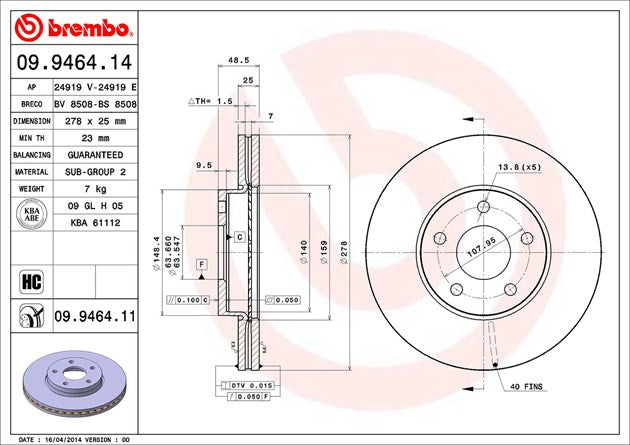 Product of Brembo 09946411C02 Vented 1 Piece Brake Rotor 