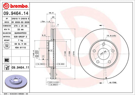 Product of Brembo 09946411C02 Vented 1 Piece Brake Rotor 