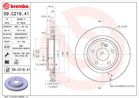 Product of Brembo 09C21941C02 Vented 1 Piece Brake Rotor 