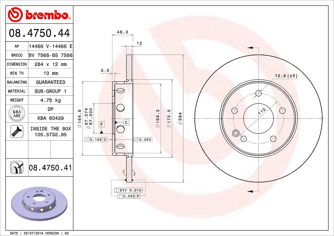 Product of Brembo 08475041C02 Solid 1 Piece Brake Rotor 