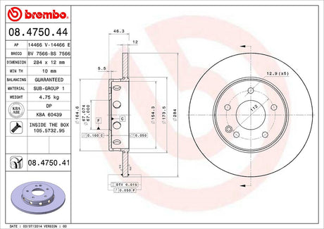Product of Brembo 08475041C02 Solid 1 Piece Brake Rotor 