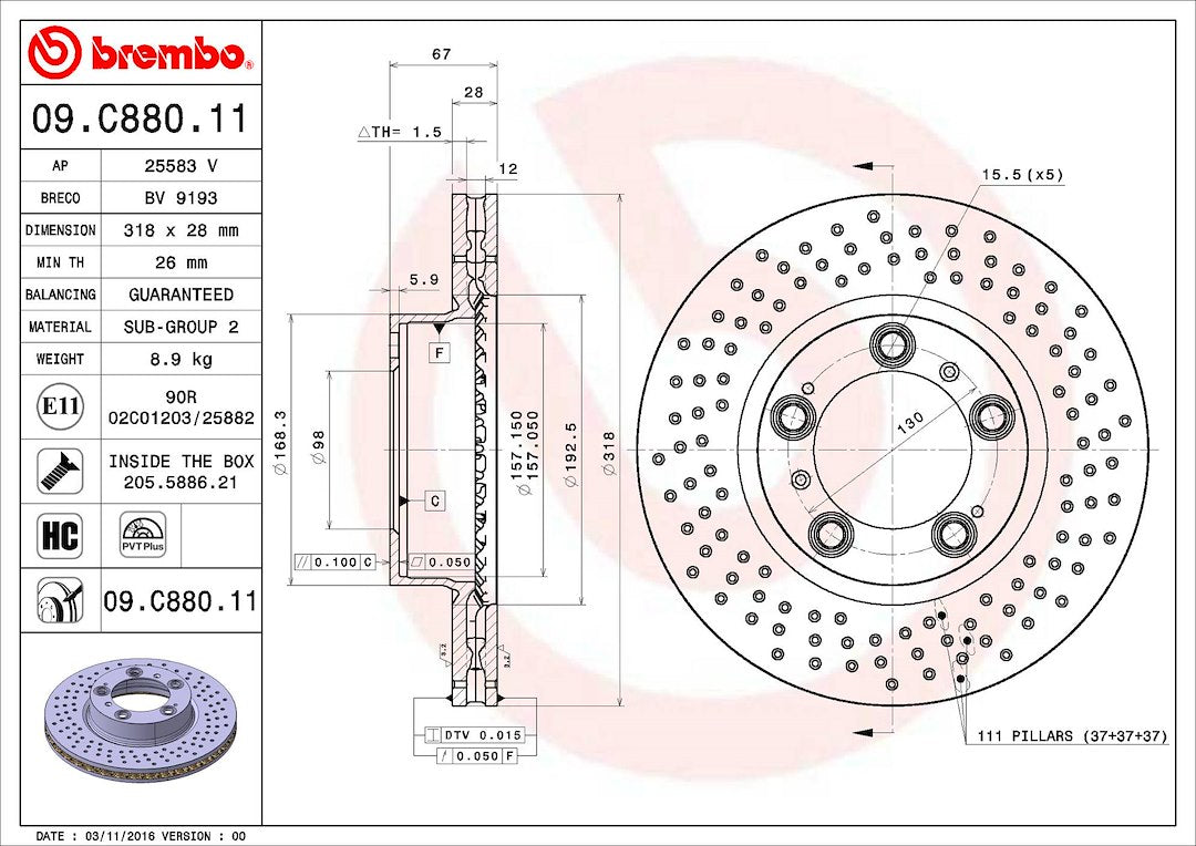 Product of Brembo 09C88011C02 Vented Cross Drilled 1 Piece Brake Rotor 