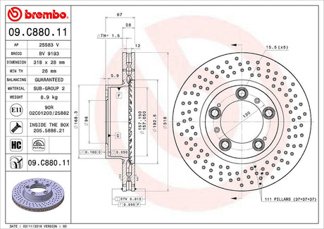 Product of Brembo 09C88011C02 Vented Cross Drilled 1 Piece Brake Rotor 