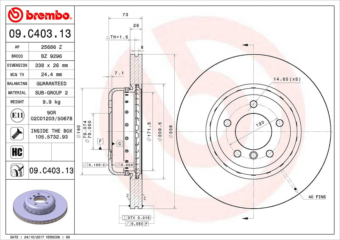 Product of Brembo 09C40313C02 Vented 1 Piece Brake Rotor 