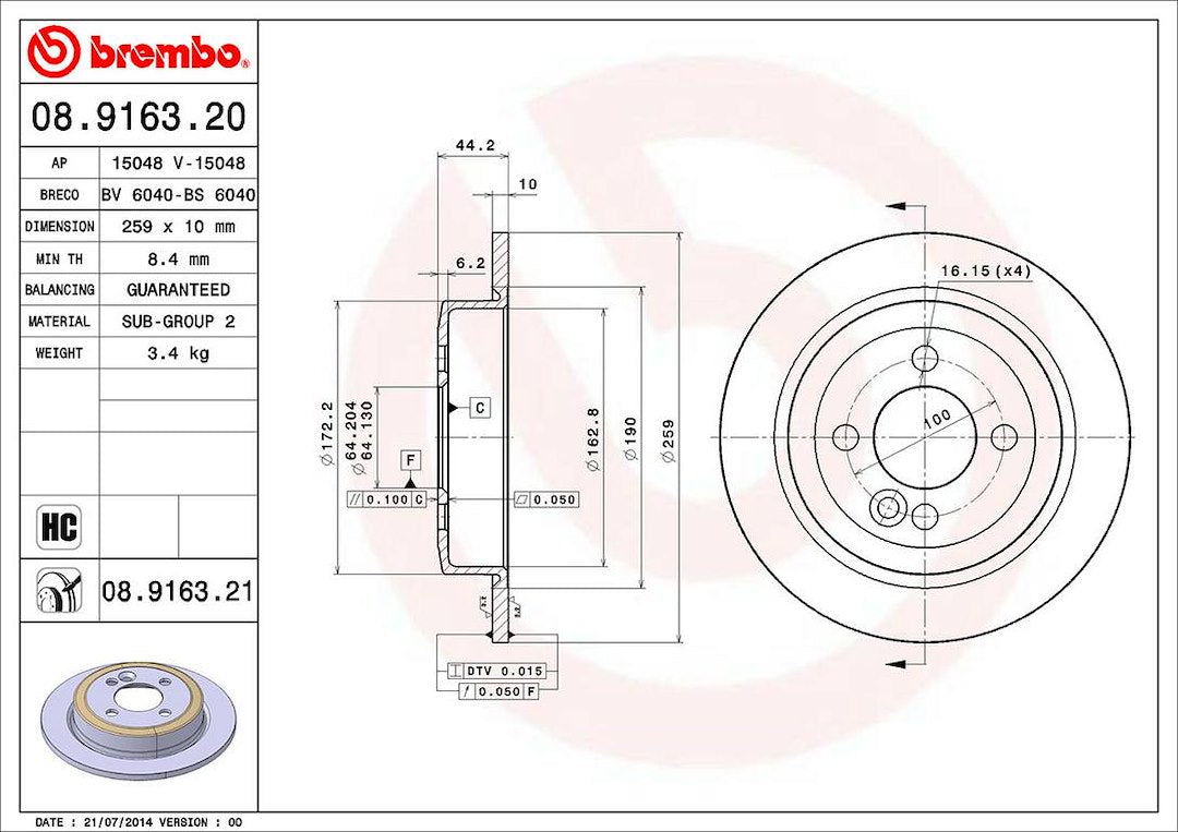 Product of Brembo 08916321C02 Solid 1 Piece Brake Rotor 