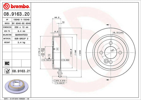 Product of Brembo 08916321C02 Solid 1 Piece Brake Rotor 