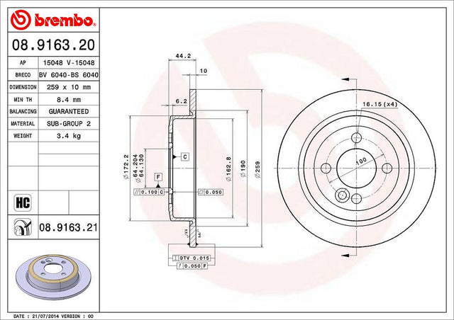 Product of Brembo 08916321C02 Solid 1 Piece Brake Rotor 