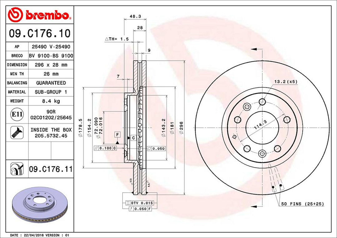 Product of Brembo 09C17611C02 Vented 1 Piece Brake Rotor 