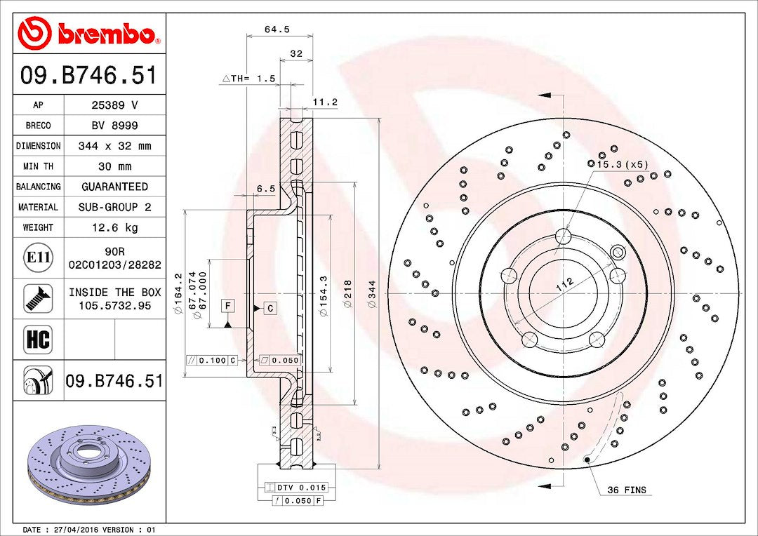Product of Brembo 09B74651C02 Vented Cross Drilled 1 Piece Brake Rotor 