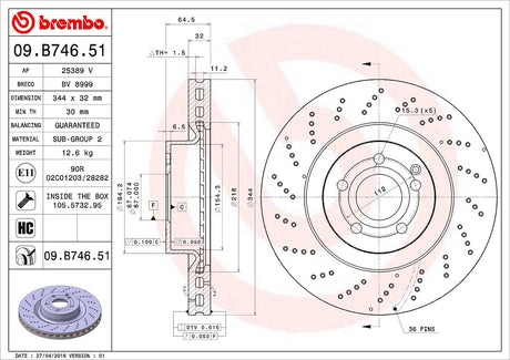 Product of Brembo 09B74651C02 Vented Cross Drilled 1 Piece Brake Rotor 
