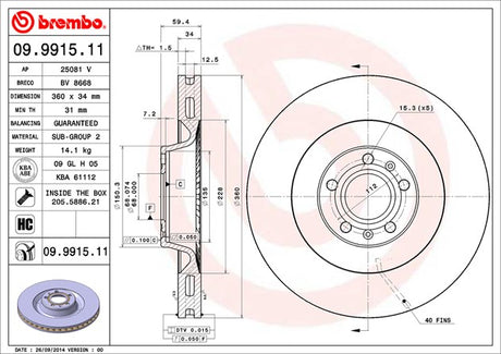 Product of Brembo 09991511C02 Vented 1 Piece Brake Rotor 