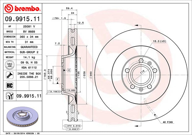 Product of Brembo 09991511C02 Vented 1 Piece Brake Rotor 