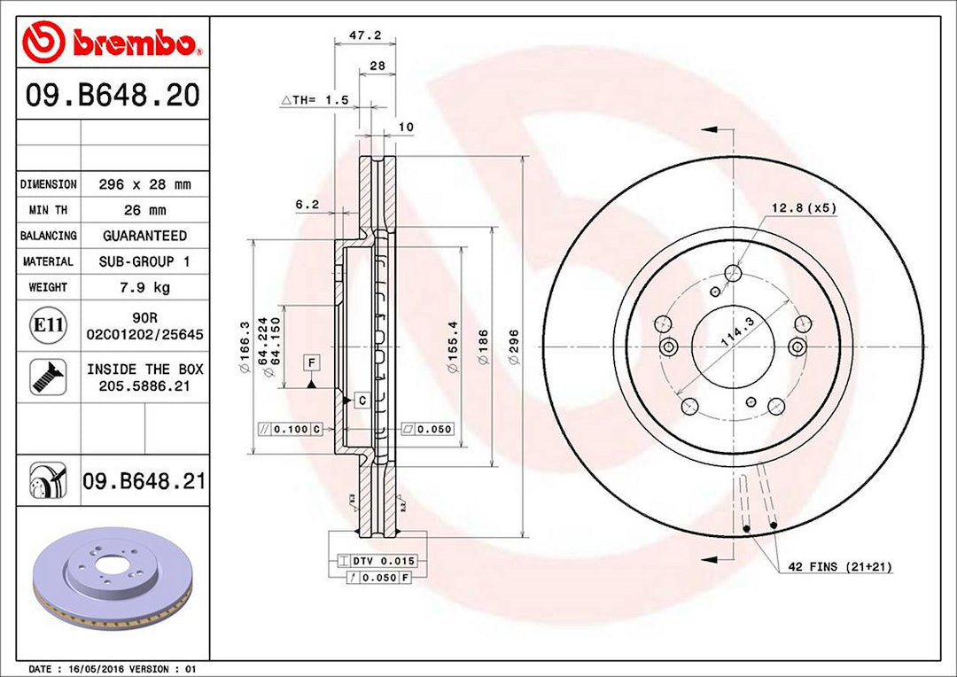 Product of Brembo 09B64821C02 Vented 1 Piece Brake Rotor 