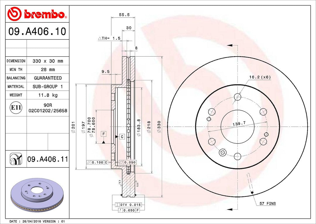 Product of Brembo 09A40611C02 Vented 1 Piece Brake Rotor 