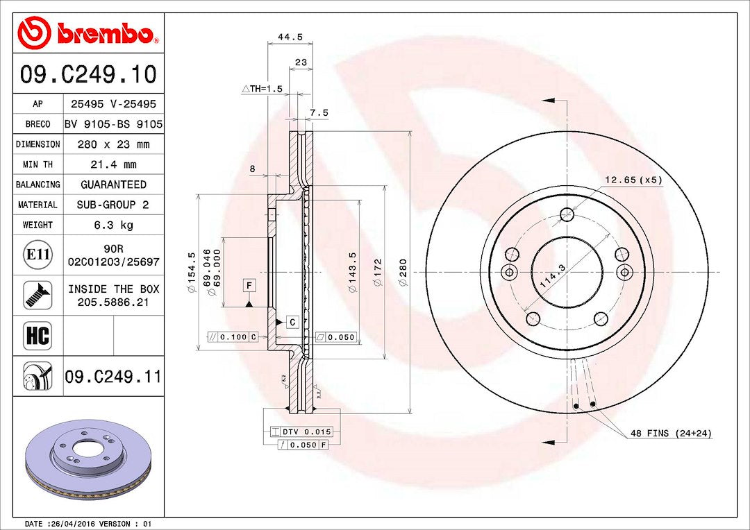 Product of Brembo 09C24911C02 Vented 1 Piece Brake Rotor 