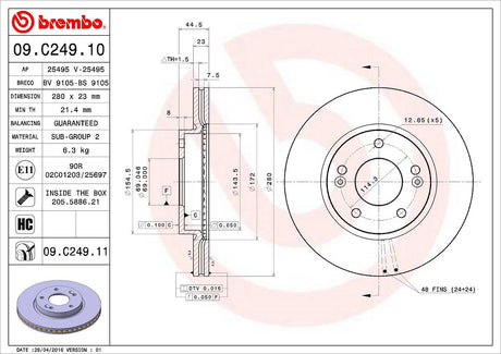 Product of Brembo 09C24911C02 Vented 1 Piece Brake Rotor 